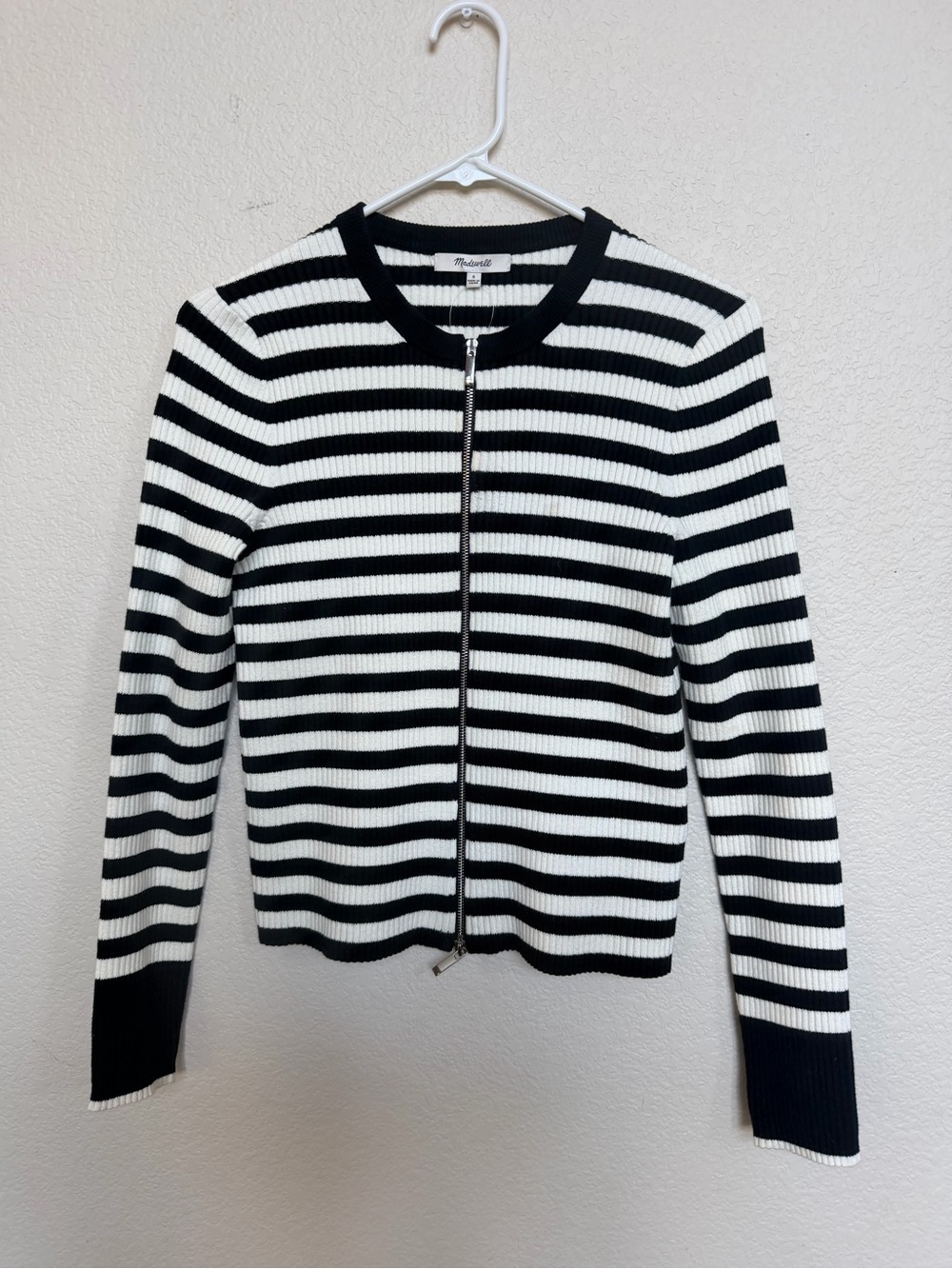Madewell Black & White Striped Zip-Front Cardigan